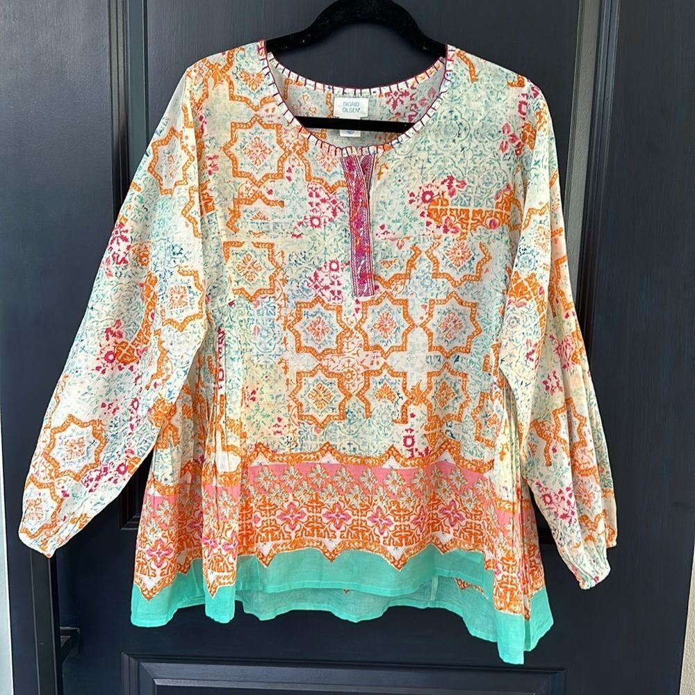 Sigrid Olsen Boho Blouse Embroidered Neckline Pink Orange White Long Sleeve